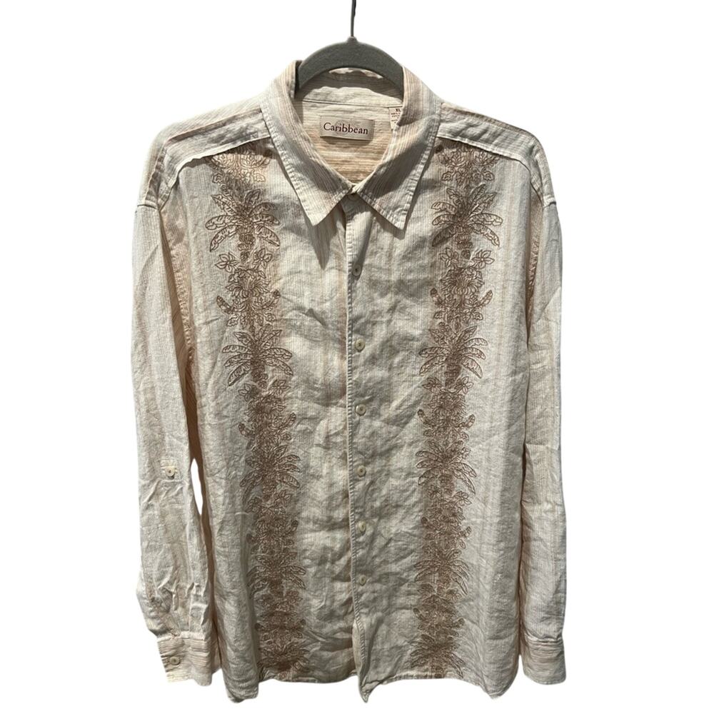 Caribbean Men's Cream Linen Long Sleeve with Brown Embroidery Shirt